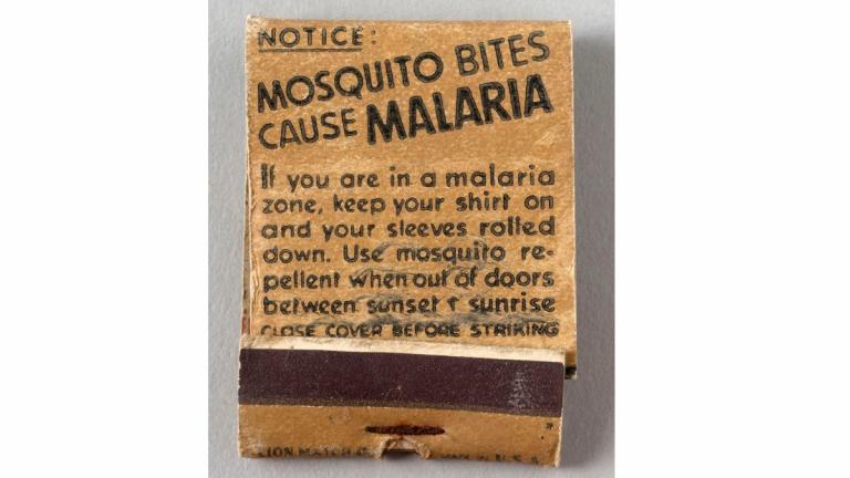 Etui d'allumettes US avec texte de prévention contre la malaria